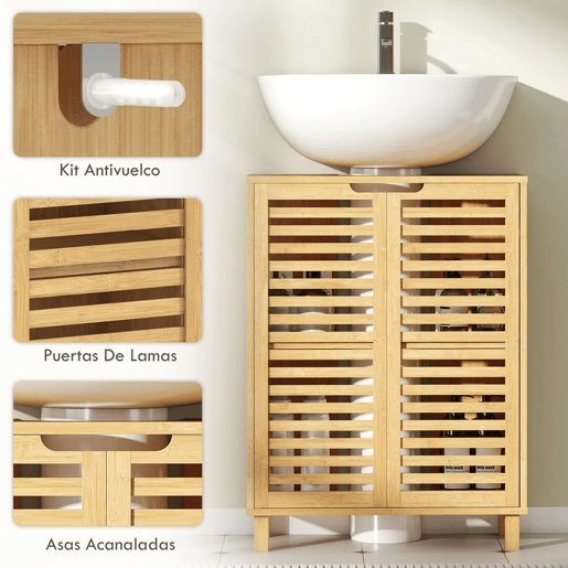 HOMCOM Móvel para Lavatório Pousar Móvel de Casa de Banho de Bambu com 2 Portas de Ripas Prateleira Ajustável para Lavatórios com ou sem Pedestal 60x30x80 cm Madeira