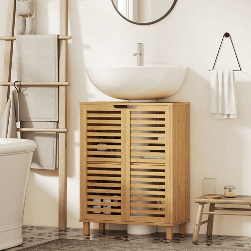 HOMCOM Móvel para Lavatório Pousar Móvel de Casa de Banho de Bambu com 2 Portas de Ripas Prateleira Ajustável para Lavatórios com ou sem Pedestal 60x30x80 cm Madeira