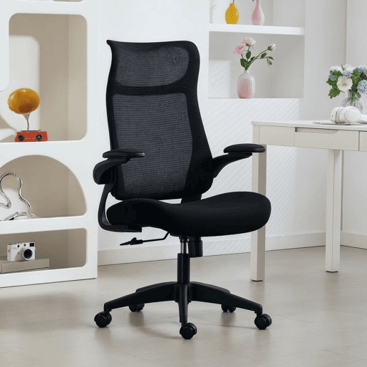 HOMCOM Cadeira de Escritório Ergonómica Cadeira de Escritório Giratória com Suporte Lombar e Apoios de Braços 3D Dobráveis Apoio de Cabeça Integrado Função de Basculante e Altura Ajustável 64x65x108-118 cm Preto