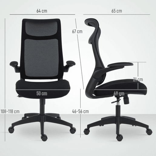 HOMCOM Cadeira de Escritório Ergonómica Cadeira de Escritório Giratória com Suporte Lombar e Apoios de Braços 3D Dobráveis Apoio de Cabeça Integrado Função de Basculante e Altura Ajustável 64x65x108-118 cm Preto