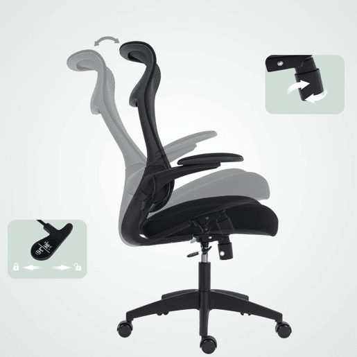 HOMCOM Cadeira de Escritório Ergonómica Cadeira de Escritório Giratória com Suporte Lombar e Apoios de Braços 3D Dobráveis Apoio de Cabeça Integrado Função de Basculante e Altura Ajustável 64x65x108-118 cm Preto