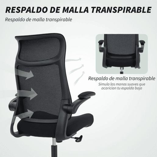 HOMCOM Cadeira de Escritório Ergonómica Cadeira de Escritório Giratória com Suporte Lombar e Apoios de Braços 3D Dobráveis Apoio de Cabeça Integrado Função de Basculante e Altura Ajustável 64x65x108-118 cm Preto