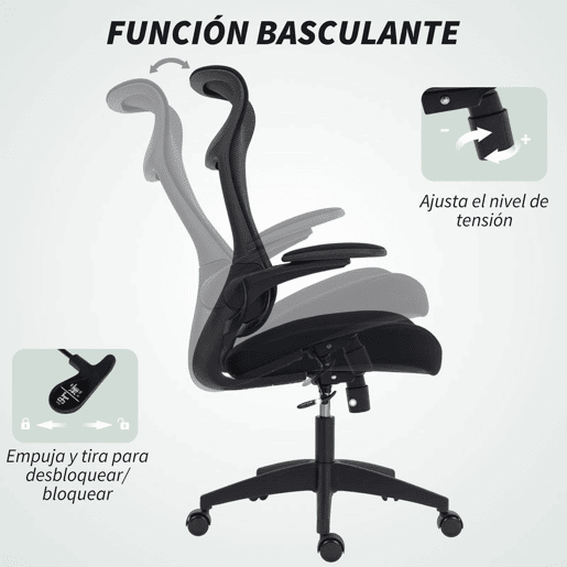 HOMCOM Cadeira de Escritório Ergonómica Cadeira de Escritório Giratória com Suporte Lombar e Apoios de Braços 3D Dobráveis Apoio de Cabeça Integrado Função de Basculante e Altura Ajustável 64x65x108-118 cm Preto