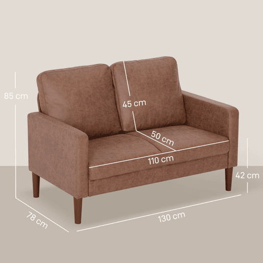 HOMCOM Sofá de 2 Lugares Estofado em Microfibra Sofá Moderno com Pés de Madeira Apoio de Braços para Sala Quarto Escritório Sala de Estar 130x78x85 cm Castanho