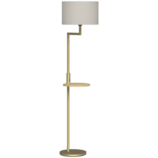 HOMCOM Candeeiro de Pé com Mesa Auxiliar Candeeiro com Prateleira Lâmpada E27 Máx. 40W com Ecrã de Linho Interruptor de Corrente e Carregador USB para Sala de Estar Ø40x170 cm Dourado