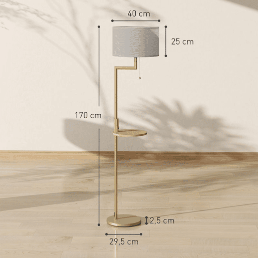 HOMCOM Candeeiro de Pé com Mesa Auxiliar Candeeiro com Prateleira Lâmpada E27 Máx. 40W com Ecrã de Linho Interruptor de Corrente e Carregador USB para Sala de Estar Ø40x170 cm Dourado