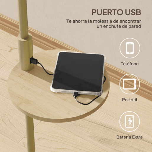 HOMCOM Candeeiro de Pé com Mesa Auxiliar Candeeiro com Prateleira Lâmpada E27 Máx. 40W com Ecrã de Linho Interruptor de Corrente e Carregador USB para Sala de Estar Ø40x170 cm Dourado