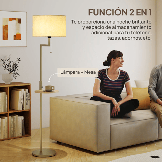 HOMCOM Candeeiro de Pé com Mesa Auxiliar Candeeiro com Prateleira Lâmpada E27 Máx. 40W com Ecrã de Linho Interruptor de Corrente e Carregador USB para Sala de Estar Ø40x170 cm Dourado