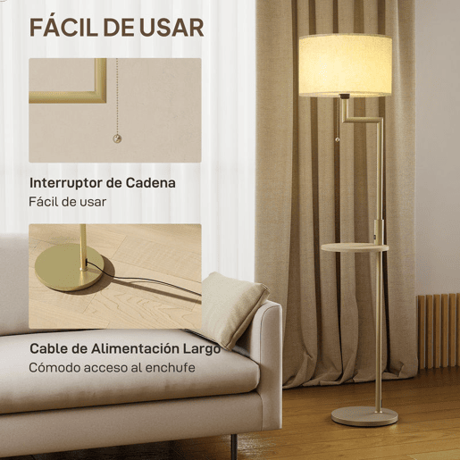 HOMCOM Candeeiro de Pé com Mesa Auxiliar Candeeiro com Prateleira Lâmpada E27 Máx. 40W com Ecrã de Linho Interruptor de Corrente e Carregador USB para Sala de Estar Ø40x170 cm Dourado