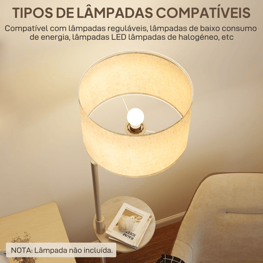 HOMCOM Candeeiro de Pé com Mesa Auxiliar Candeeiro com Prateleira Lâmpada E27 Máx. 40W com Ecrã de Linho Interruptor de Corrente e Carregador USB para Sala de Estar Ø40x170 cm Dourado