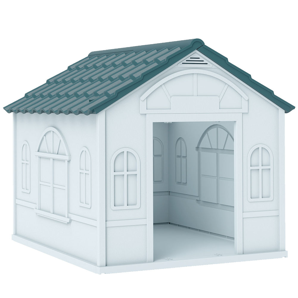 Pawhut caseta para perros medianos 65x75,7x63 cm, casa para perros con patrón de ventana, techo de tejas de imitación, para interior y exterior, azul verdoso y blanco