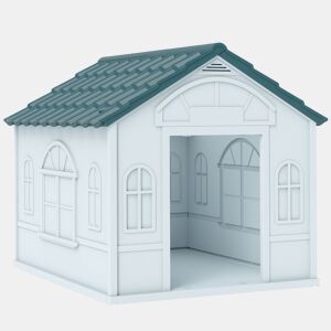 PawHut Casa para Cães 65x75,7x63 cm Casa para Cães com Janelas e Teto com Telhas de Imitação para Cães Médios Azul e Branco