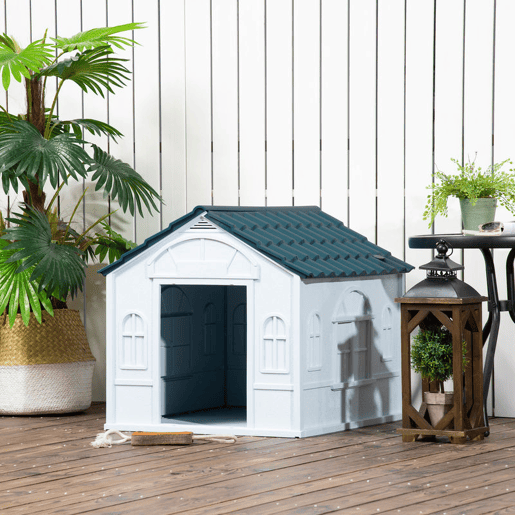 PawHut Casa para Cães 65x75,7x63 cm Casa para Cães com Janelas e Teto com Telhas de Imitação para Cães Médios Azul e Branco