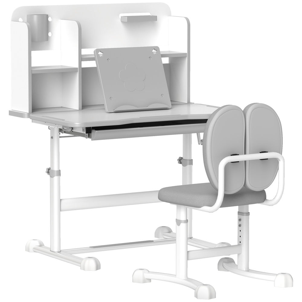 Aiyaplay juego de escritorio y silla para niños de +3 años, pupitre infantil altura ajustable con tablero inclinable, cajón y estantes, respaldo acolchado, para libros, 80x55x107,5 cm, gris