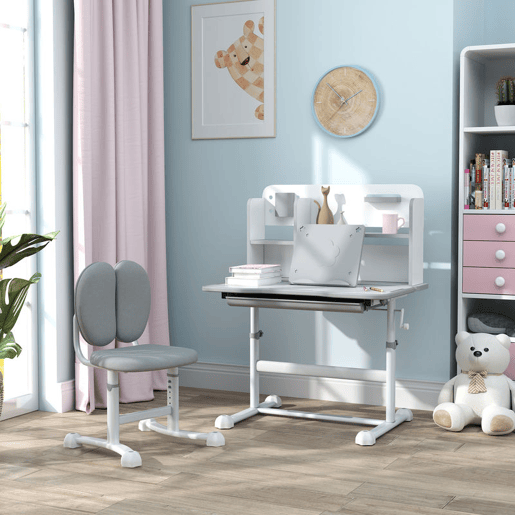 AIYAPLAY Conjunto de Secretária e Cadeira para Crianças acima de 3 Anos Secretária Infantil Altura Ajustável com Tampo Inclinável Gaveta e Prateleiras Encosto Acolchoado, para Livros 80x55x107,5 cm Cinza