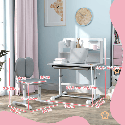 AIYAPLAY Conjunto de Secretária e Cadeira para Crianças acima de 3 Anos Secretária Infantil Altura Ajustável com Tampo Inclinável Gaveta e Prateleiras Encosto Acolchoado, para Livros 80x55x107,5 cm Cinza