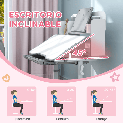 AIYAPLAY Conjunto de Secretária e Cadeira para Crianças acima de 3 Anos Secretária Infantil Altura Ajustável com Tampo Inclinável Gaveta e Prateleiras Encosto Acolchoado, para Livros 80x55x107,5 cm Cinza