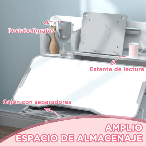 AIYAPLAY Conjunto de Secretária e Cadeira para Crianças acima de 3 Anos Secretária Infantil Altura Ajustável com Tampo Inclinável Gaveta e Prateleiras Encosto Acolchoado, para Livros 80x55x107,5 cm Cinza