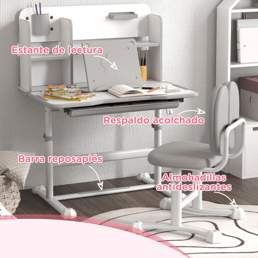 AIYAPLAY Conjunto de Secretária e Cadeira para Crianças acima de 3 Anos Secretária Infantil Altura Ajustável com Tampo Inclinável Gaveta e Prateleiras Encosto Acolchoado, para Livros 80x55x107,5 cm Cinza