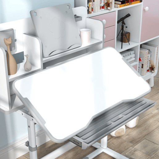AIYAPLAY Conjunto de Secretária e Cadeira para Crianças acima de 3 Anos Secretária Infantil Altura Ajustável com Tampo Inclinável Gaveta e Prateleiras Encosto Acolchoado, para Livros 80x55x107,5 cm Cinza