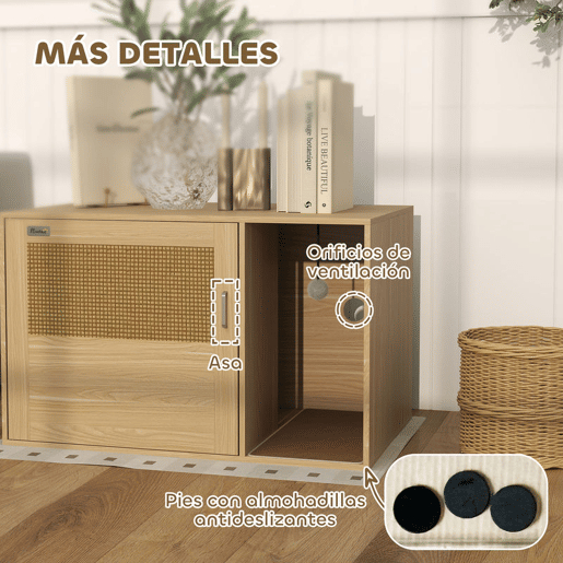 PawHut Móvel Caixa de Areia para Gatos Caixa de Areia para Gatos com Tapete de Arranhar e Porta de Vime Móvel Auxiliar com Caixa de Areia para Gatos para Sala de Estar 80x50x50 cm Branco