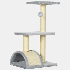 PawHut Arranhador para Gatos Médio Arranhador para Gatos de 3 Níveis Torre para Gatos com Postes de Sisal Placa para Arranhar e Bola Suspensa Cinza
