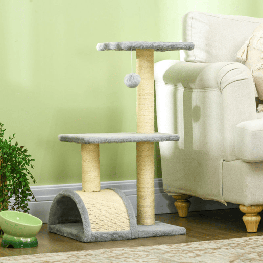 PawHut Arranhador para Gatos Médio Arranhador para Gatos de 3 Níveis Torre para Gatos com Postes de Sisal Placa para Arranhar e Bola Suspensa Cinza