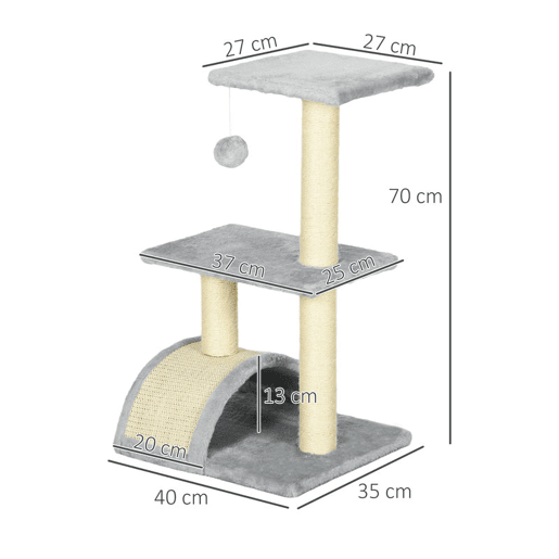 PawHut Arranhador para Gatos Médio Arranhador para Gatos de 3 Níveis Torre para Gatos com Postes de Sisal Placa para Arranhar e Bola Suspensa Cinza