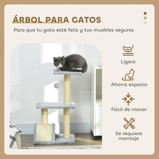 PawHut Arranhador para Gatos Médio Arranhador para Gatos de 3 Níveis Torre para Gatos com Postes de Sisal Placa para Arranhar e Bola Suspensa Cinza