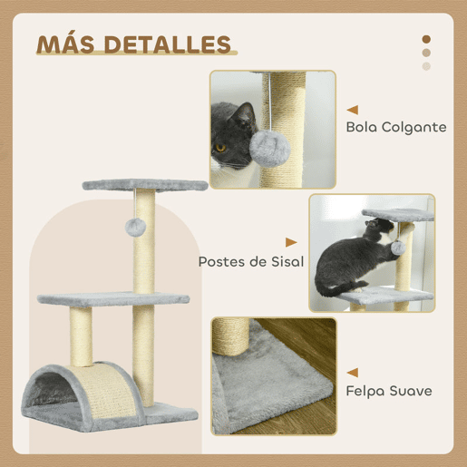 PawHut Arranhador para Gatos Médio Arranhador para Gatos de 3 Níveis Torre para Gatos com Postes de Sisal Placa para Arranhar e Bola Suspensa Cinza
