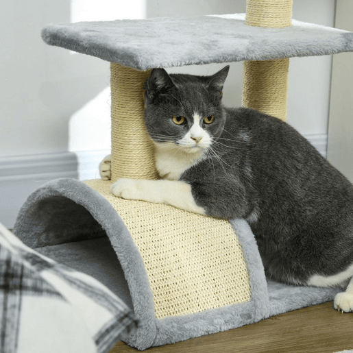PawHut Arranhador para Gatos Médio Arranhador para Gatos de 3 Níveis Torre para Gatos com Postes de Sisal Placa para Arranhar e Bola Suspensa Cinza