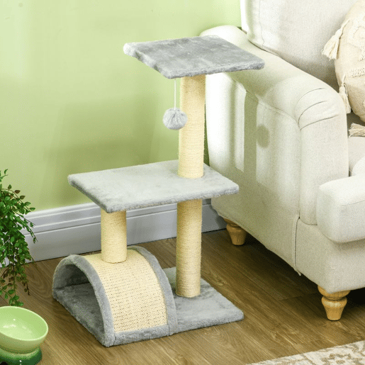 PawHut Arranhador para Gatos Médio Arranhador para Gatos de 3 Níveis Torre para Gatos com Postes de Sisal Placa para Arranhar e Bola Suspensa Cinza