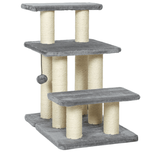 PawHut Escada para Gatos de 3 Degraus Escada para Animais de Estimação Estrutura Ajustável com Postes para Arranhar, Bola Pendurada Carga 10 kg para Cama Sofá 52x34,5x54 cm Cinzento