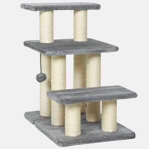 PawHut Escada para Gatos de 3 Degraus Escada para Animais de Estimação Estrutura Ajustável com Postes para Arranhar, Bola Pendurada Carga 10 kg para Cama Sofá 52x34,5x54 cm Cinzento