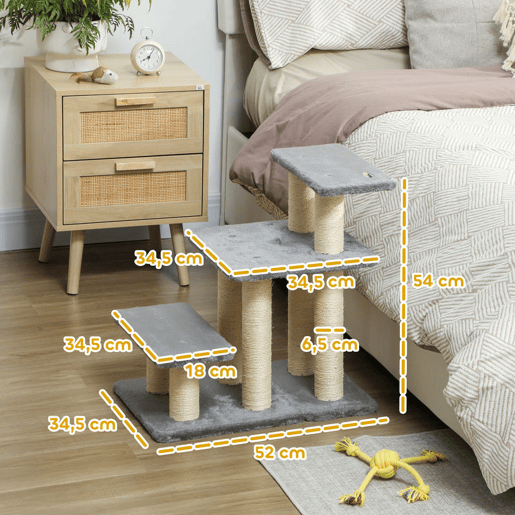 PawHut Escada para Gatos de 3 Degraus Escada para Animais de Estimação Estrutura Ajustável com Postes para Arranhar, Bola Pendurada Carga 10 kg para Cama Sofá 52x34,5x54 cm Cinzento