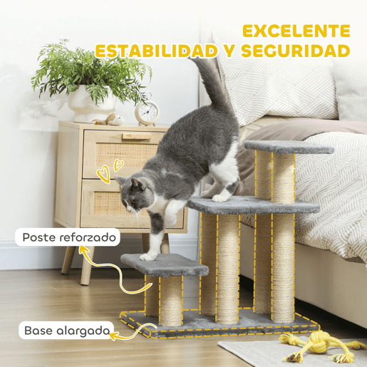 PawHut Escada para Gatos de 3 Degraus Escada para Animais de Estimação Estrutura Ajustável com Postes para Arranhar, Bola Pendurada Carga 10 kg para Cama Sofá 52x34,5x54 cm Cinzento