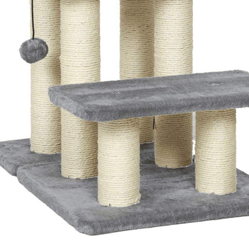 PawHut Escada para Gatos de 3 Degraus Escada para Animais de Estimação Estrutura Ajustável com Postes para Arranhar, Bola Pendurada Carga 10 kg para Cama Sofá 52x34,5x54 cm Cinzento
