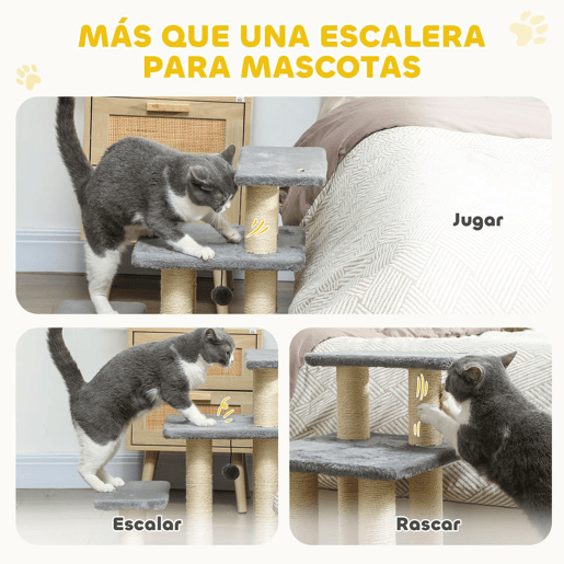 PawHut Escada para Gatos de 3 Degraus Escada para Animais de Estimação Estrutura Ajustável com Postes para Arranhar, Bola Pendurada Carga 10 kg para Cama Sofá 52x34,5x54 cm Cinzento