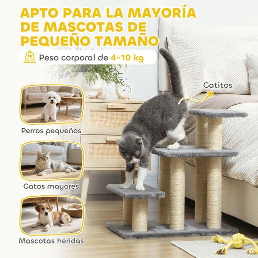 PawHut Escada para Gatos de 3 Degraus Escada para Animais de Estimação Estrutura Ajustável com Postes para Arranhar, Bola Pendurada Carga 10 kg para Cama Sofá 52x34,5x54 cm Cinzento