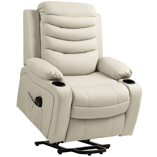 HOMCOM Poltrona Relax Reclinável Elétrica Elevatória com Massagem Vibratória e Aquecimento Poltrona Elevatória com Porta USB Controlo Remoto Apoio para Pés Estofada em PU Bolsos Laterais Creme