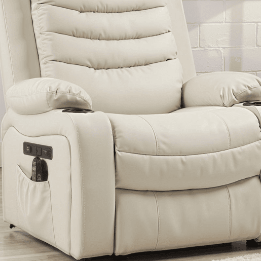 HOMCOM Poltrona Relax Reclinável Elétrica Elevatória com Massagem Vibratória e Aquecimento Poltrona Elevatória com Porta USB Controlo Remoto Apoio para Pés Estofada em PU Bolsos Laterais Creme