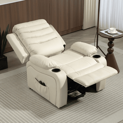 HOMCOM Poltrona Relax Reclinável Elétrica Elevatória com Massagem Vibratória e Aquecimento Poltrona Elevatória com Porta USB Controlo Remoto Apoio para Pés Estofada em PU Bolsos Laterais Creme