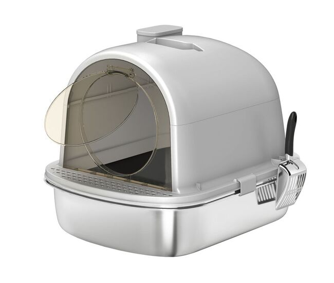 Pawhut arenero para gatos cubierto de acero inoxidable, caja de arena para gatos, arenero con bolsa desodorizante, pala, control de olores,