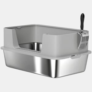 PawHut Caixa de Areia para Gatos em Aço Inoxidável XL Caixa de Areia para Gatos com Borda Alta Pá Fácil de Limpar À Prova de Fugas 60x40x29,5 cm Cinzento