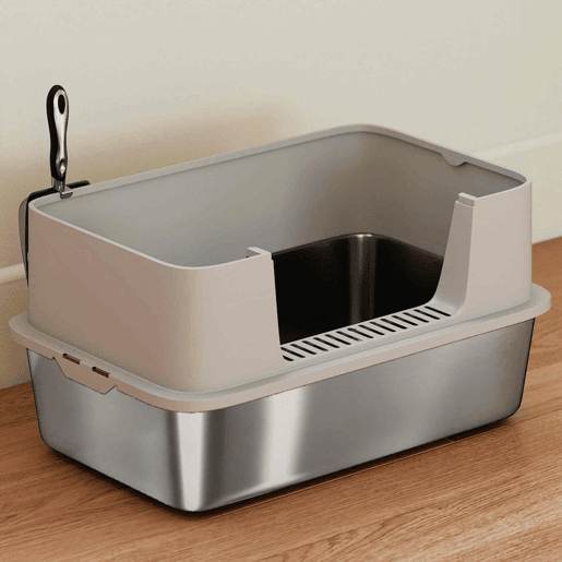 PawHut Caixa de Areia para Gatos em Aço Inoxidável XL Caixa de Areia para Gatos com Borda Alta Pá Fácil de Limpar À Prova de Fugas 60x40x29,5 cm Cinzento