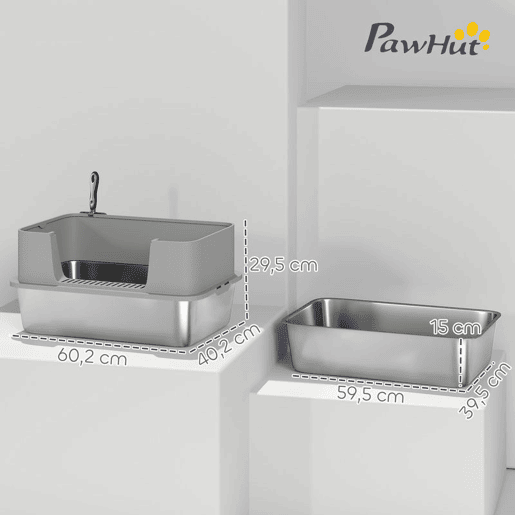 PawHut Caixa de Areia para Gatos em Aço Inoxidável XL Caixa de Areia para Gatos com Borda Alta Pá Fácil de Limpar À Prova de Fugas 60x40x29,5 cm Cinzento