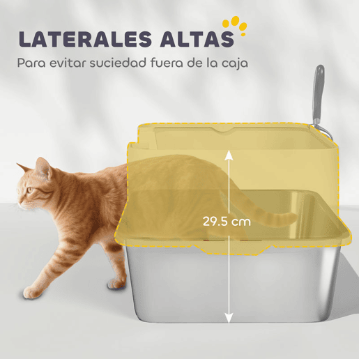 PawHut Caixa de Areia para Gatos em Aço Inoxidável XL Caixa de Areia para Gatos com Borda Alta Pá Fácil de Limpar À Prova de Fugas 60x40x29,5 cm Cinzento