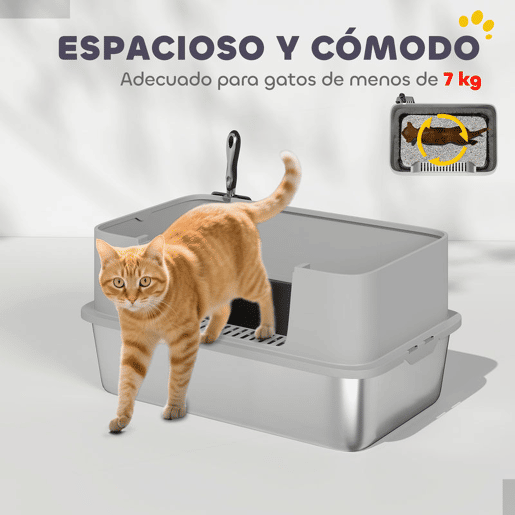 PawHut Caixa de Areia para Gatos em Aço Inoxidável XL Caixa de Areia para Gatos com Borda Alta Pá Fácil de Limpar À Prova de Fugas 60x40x29,5 cm Cinzento
