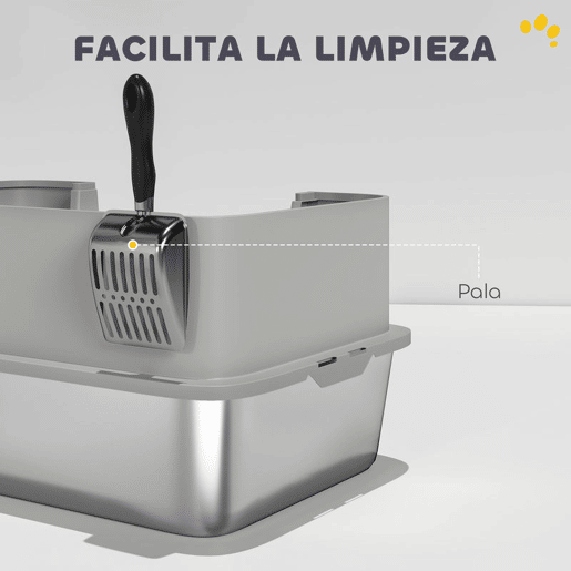 PawHut Caixa de Areia para Gatos em Aço Inoxidável XL Caixa de Areia para Gatos com Borda Alta Pá Fácil de Limpar À Prova de Fugas 60x40x29,5 cm Cinzento