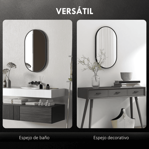 HOMCOM Espelho Casa de Banho Ovalado 60x90 cm Espelho Decorativo de Parede com Estrutura de Alumínio para Sala de Estar Entrada Corredor Horizontal ou Vertical Preto